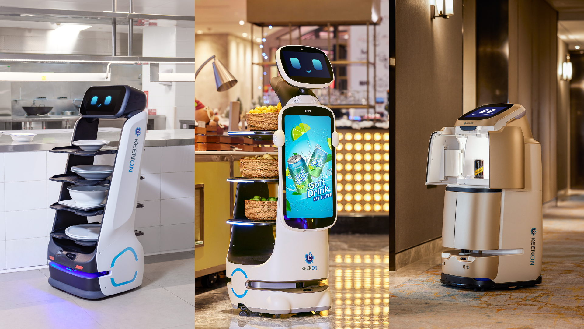 Keenon T9, Keenon T10 en Keenon W3 aan het werk binnen de horeca.